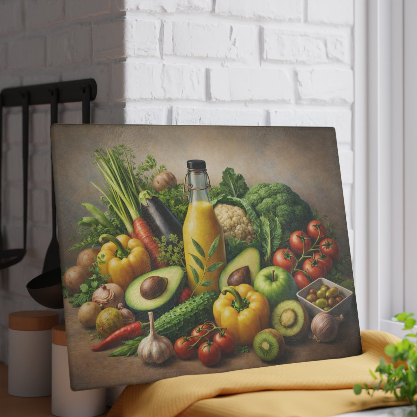 Garden Harvest Still Life Glass Cutting Board – Rustic Vegetable & Fresh Produce Kitchen Art