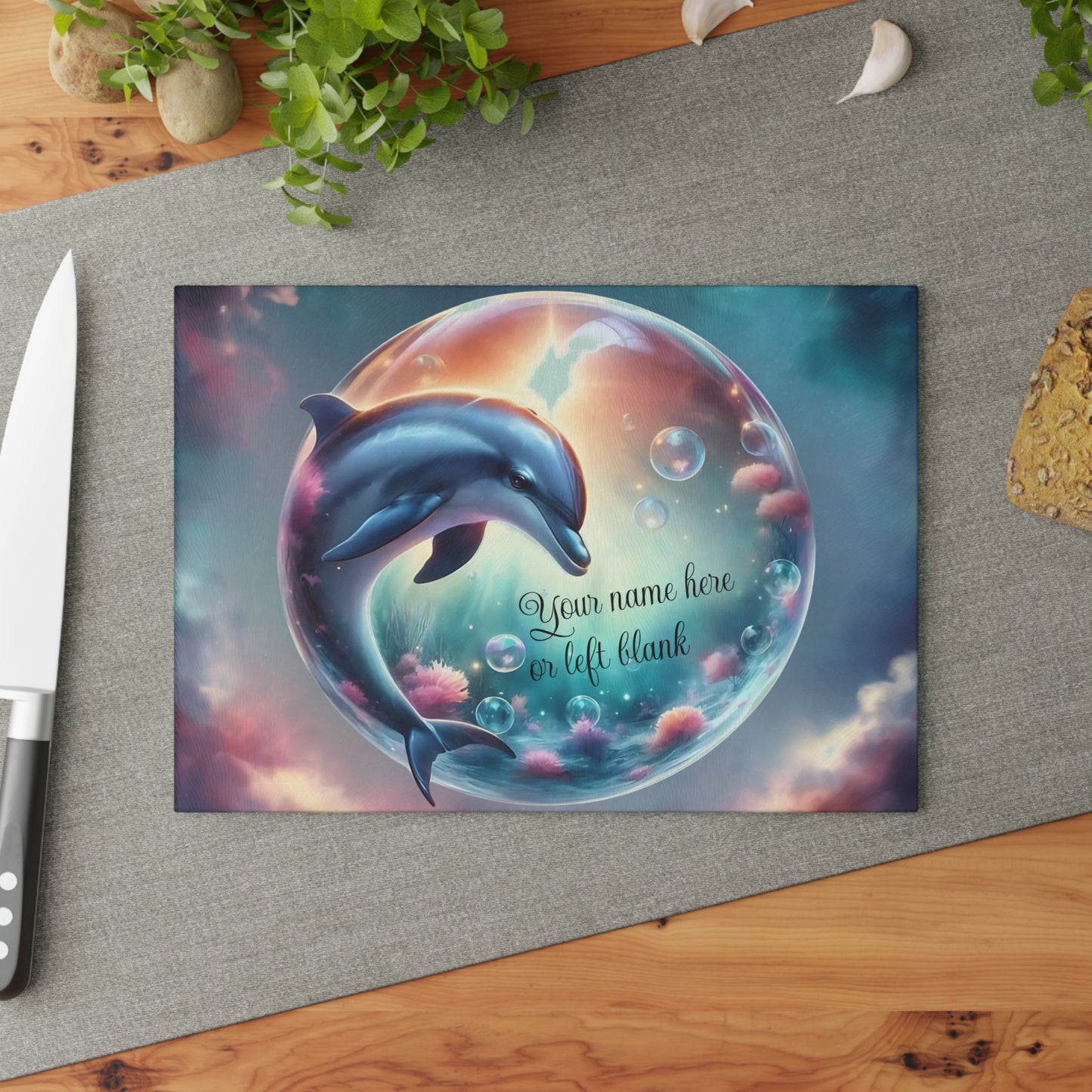 Tabla de cortar con diseño de delfín, vidrio templado con vibrantes escenas de delfines, regalo para chef, regalo para ella, regalo de boda o inauguración de la casa.