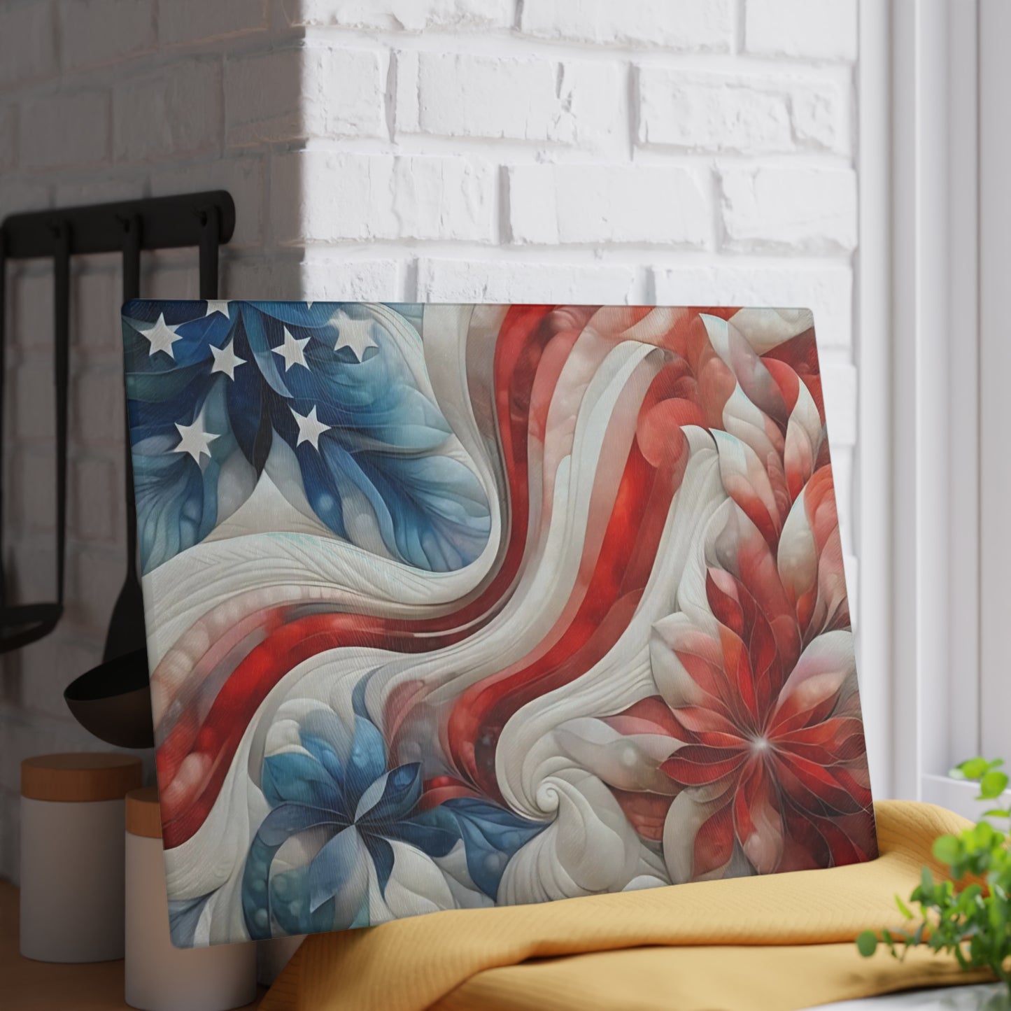 4th of July Quilt looking Glass Cutting Board – Patriotic Charm Meets Function