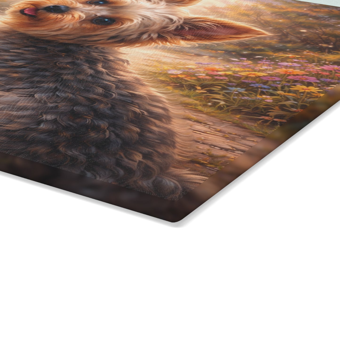 Whimsical Yorkshire Terrier Garden Glass Cutting Board – Personalized Dog Lover Floral Artwork