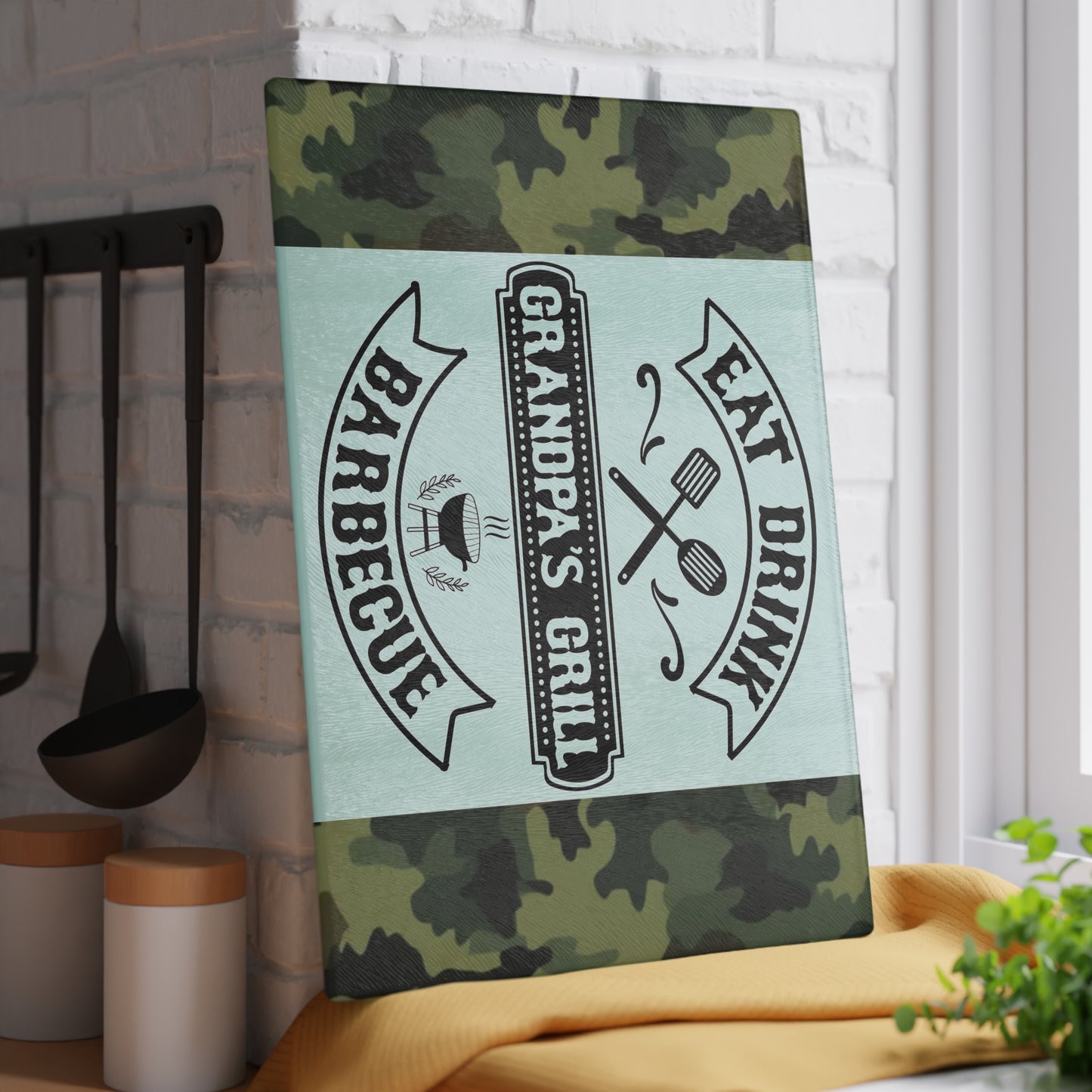 🍖🔥 EAT DRINK GRANDPA’S GRILL BARBEQUE – Camo Glass Cutting Board for Backyard Kings 🧢🍔