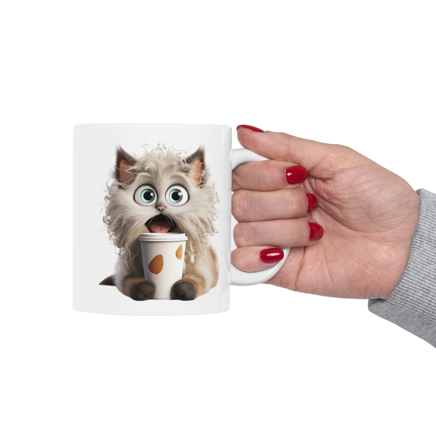 Fluffy Cat Coffee Mug – Funny Surprised Cat Holding a Coffee Cup – Personalized