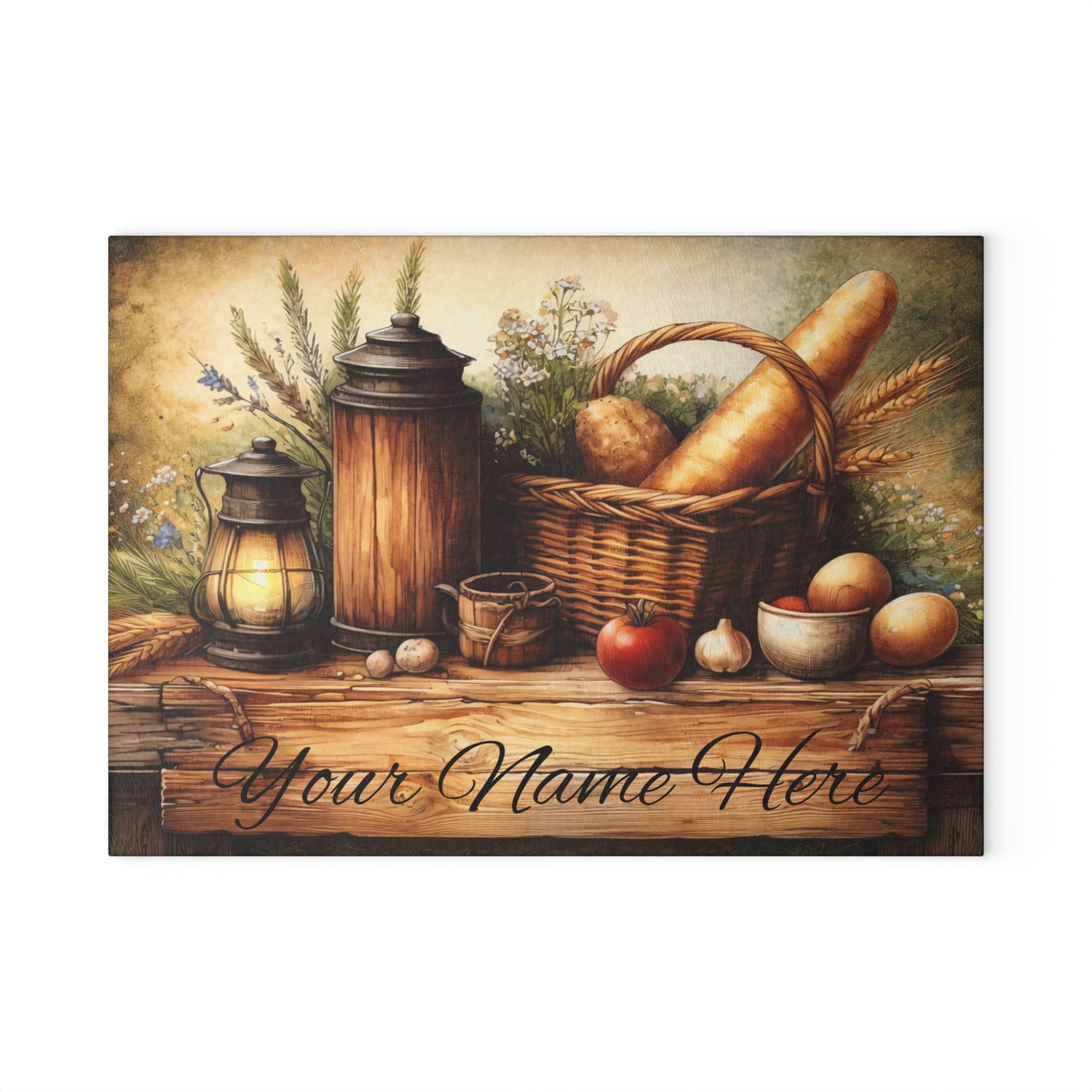 Rustic Farmhouse Breadbasket Personalized Glass Cutting Board – Custom Kitchen Name Display