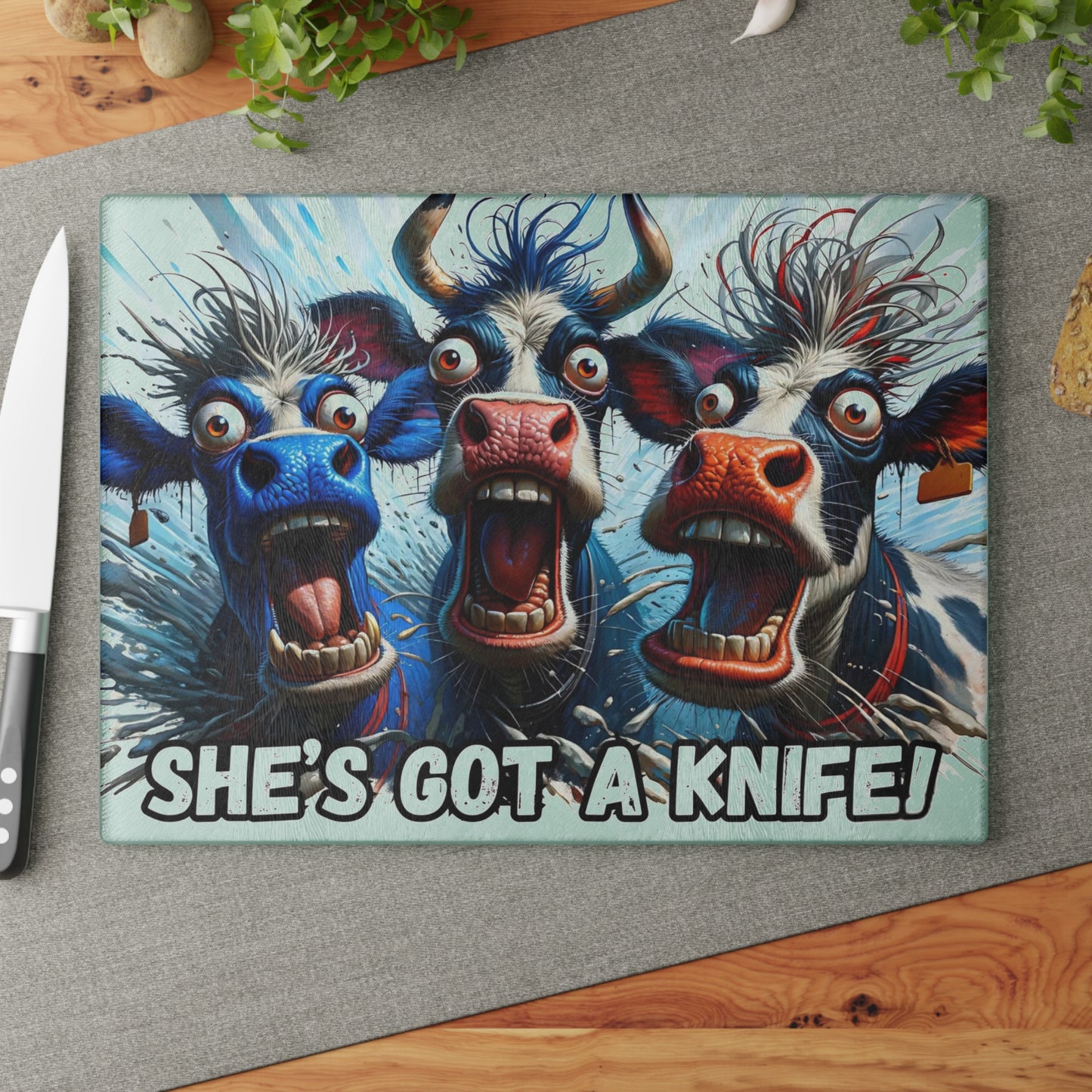 🐮🔪 “She’s Got a Knife!” Glass Cutting Board – Hilarious Farmhouse Horror Vibes