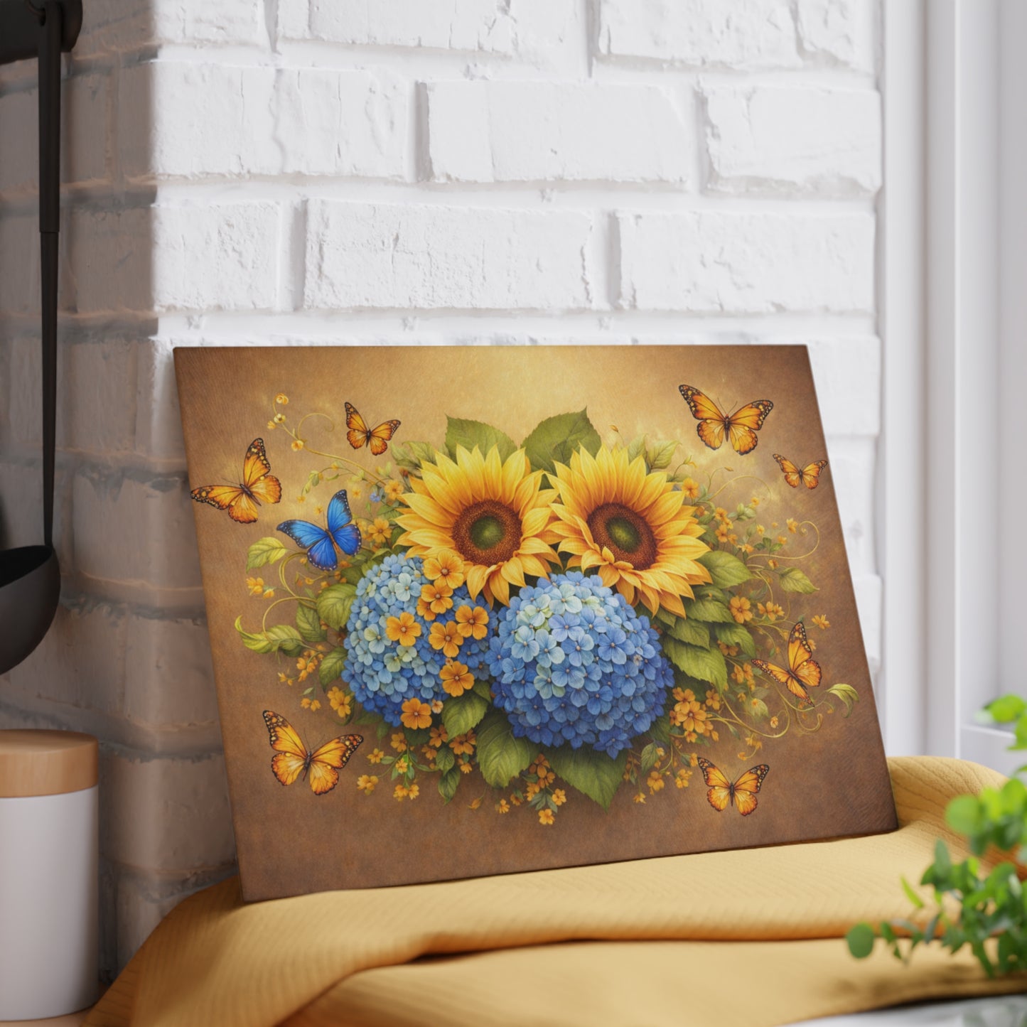 Sunflower & Hydrangea Butterfly Glass Cutting Board – Bright Floral Garden Kitchen Display