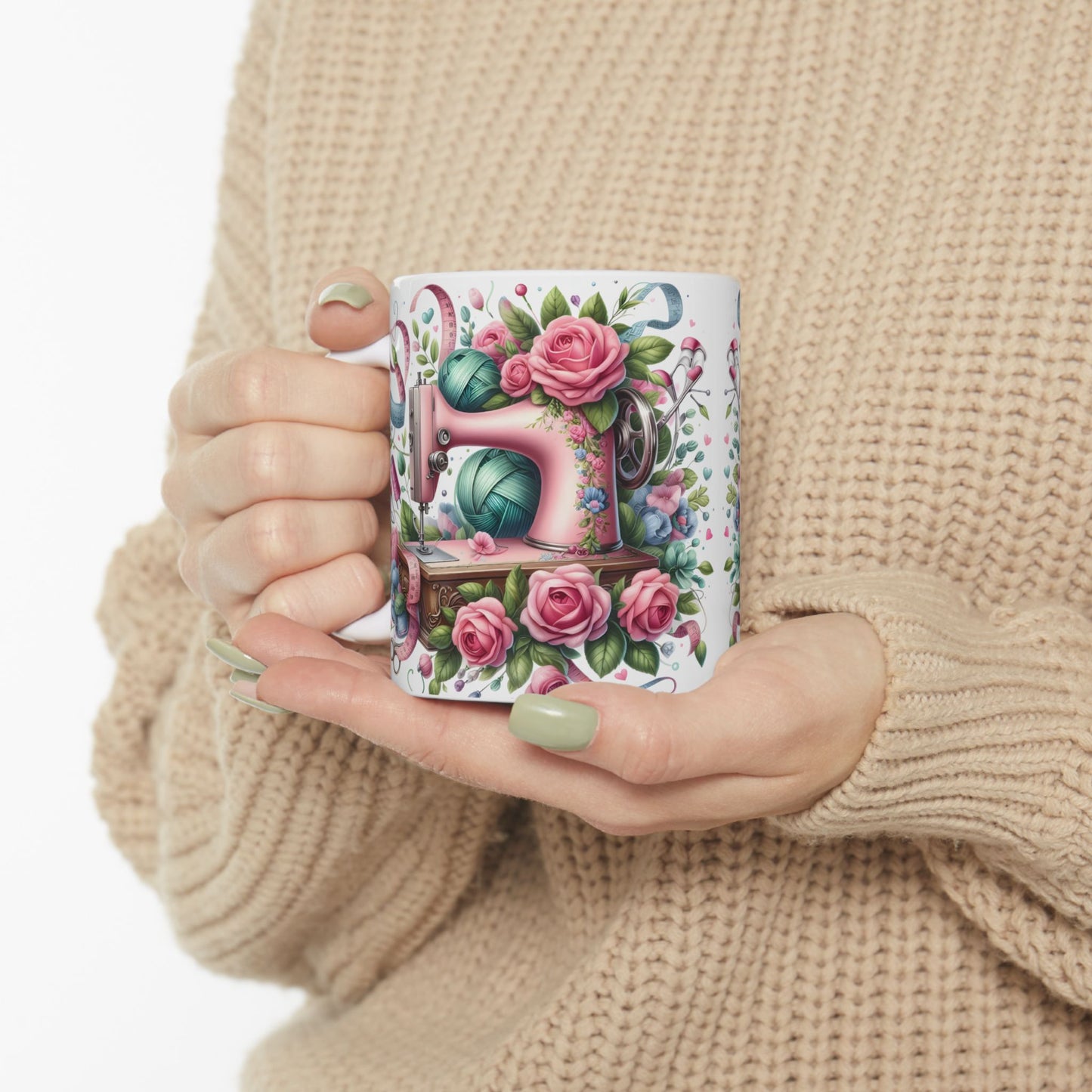 🌸🧵 Floral Sewing Machine Mug – Personalized Coffee Cup for Quilters & Crafters ✨☕