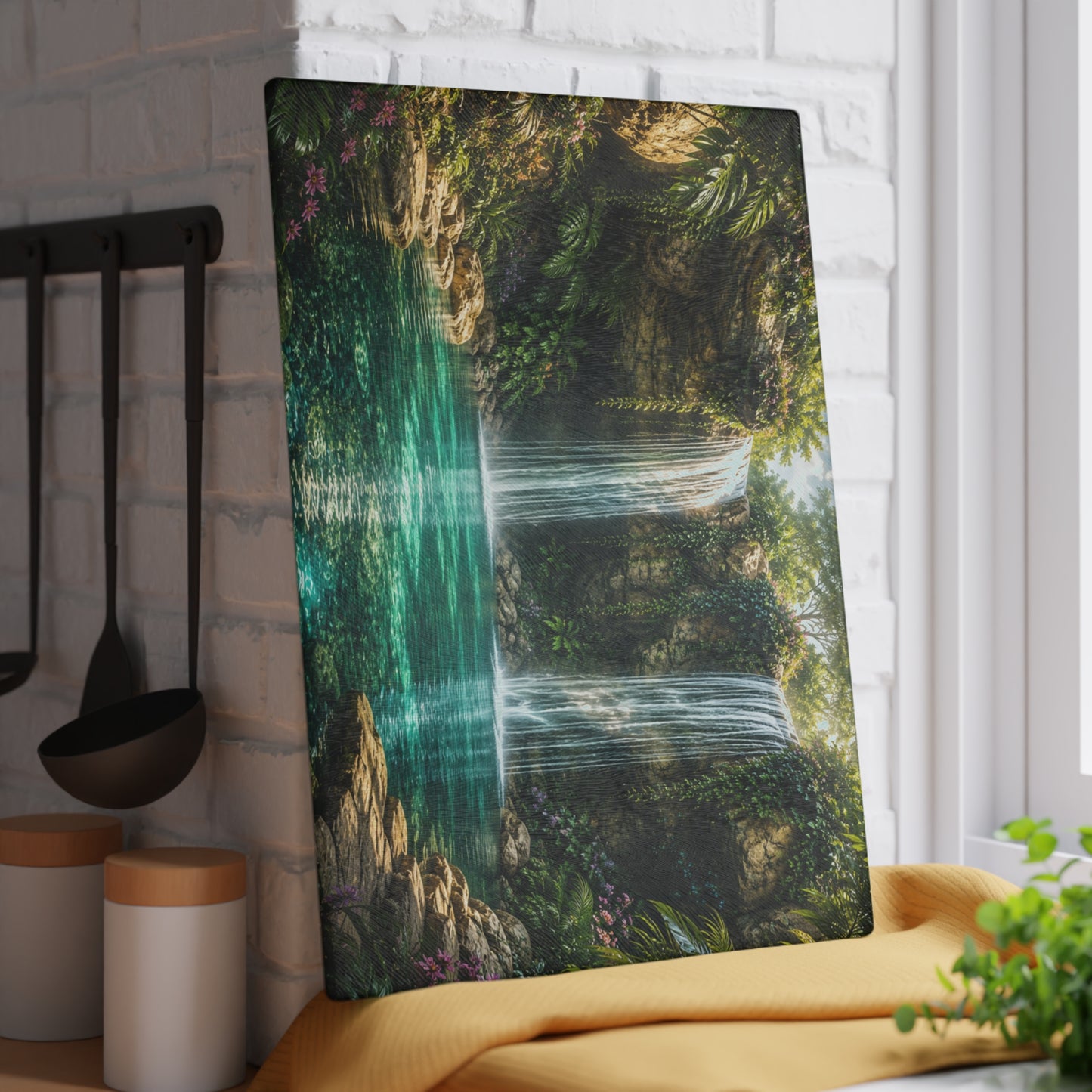 Tropical Twin Waterfall Glass Cutting Board – Serene Nature Kitchen Decor, Rainforest Waterfall Landscape Gift