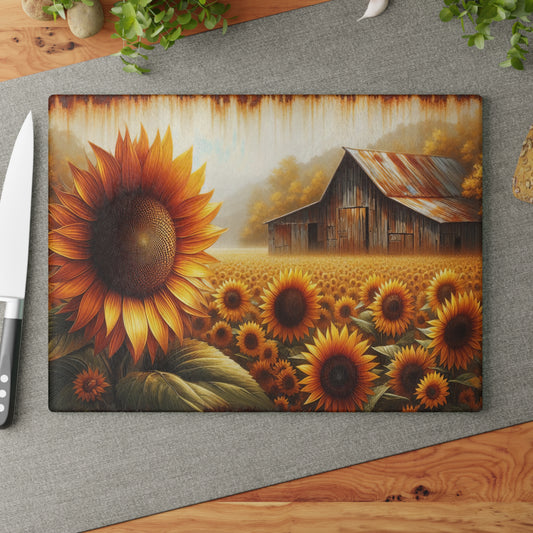 🌻🏡 Rustic Sunflower Barn Cutting Board – Timeless Farmhouse Elegance for Your Kitchen 🌾