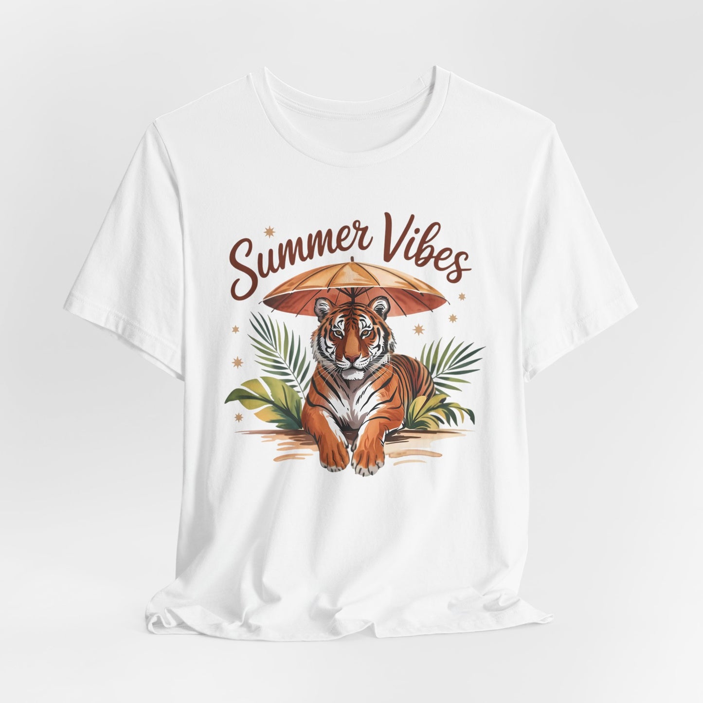 Camiseta Summer Vibes Tiger – Gráfico de palmeras de la selva con paraguas | Múltiples opciones de color