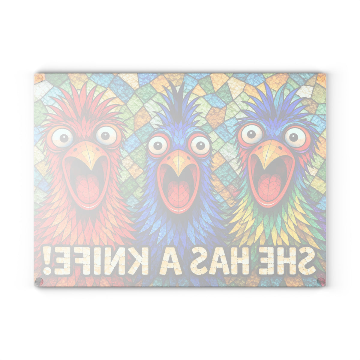 Funny Colorful Bird Glass Cutting Board – She Has a Knife Kitchen Humor