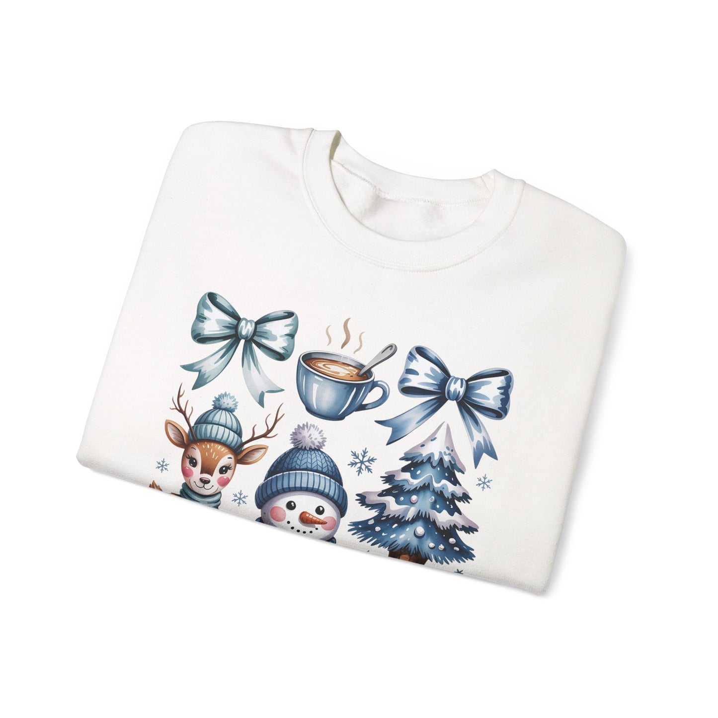 ❄️💙 Cozy Winter Vibes Crewneck – Reindeer, Snowman, Cocoa & Bows