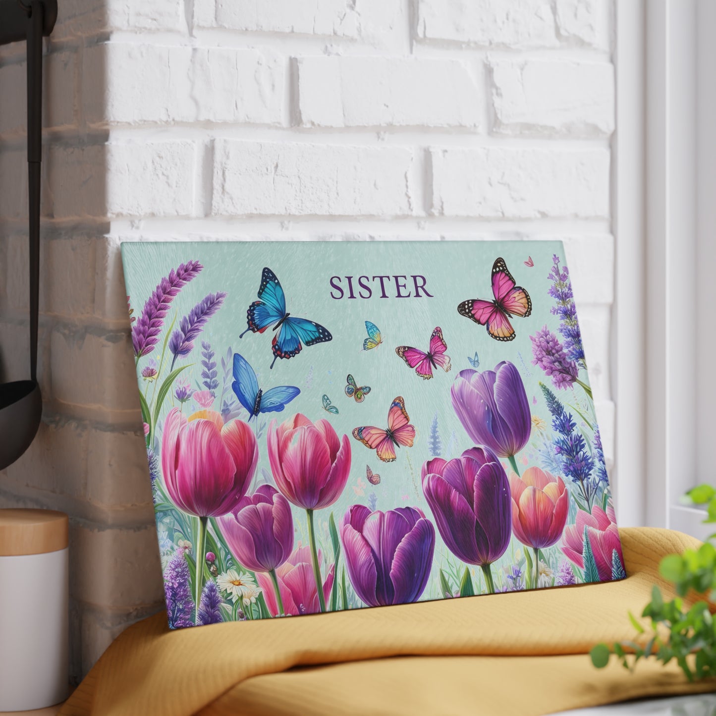 🦋 Sister Butterfly & Tulip Cutting Board – Floral Elegance for Her Kitchen 🌷
