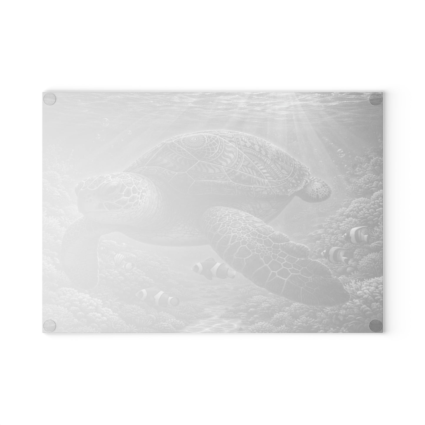 Sacred Depths Sea Turtle Glass Cutting Board – Black & White Ocean Artwork