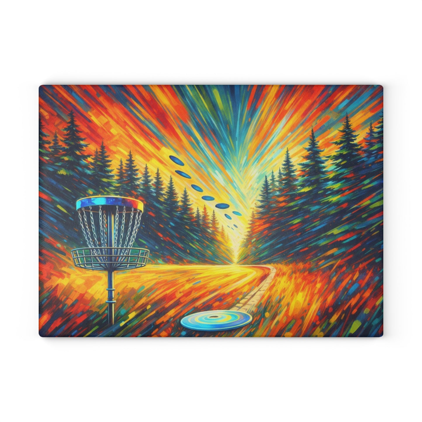 Disc Golf Basket Sunset Glass Cutting Board – Colorful Outdoor Sports Artwork