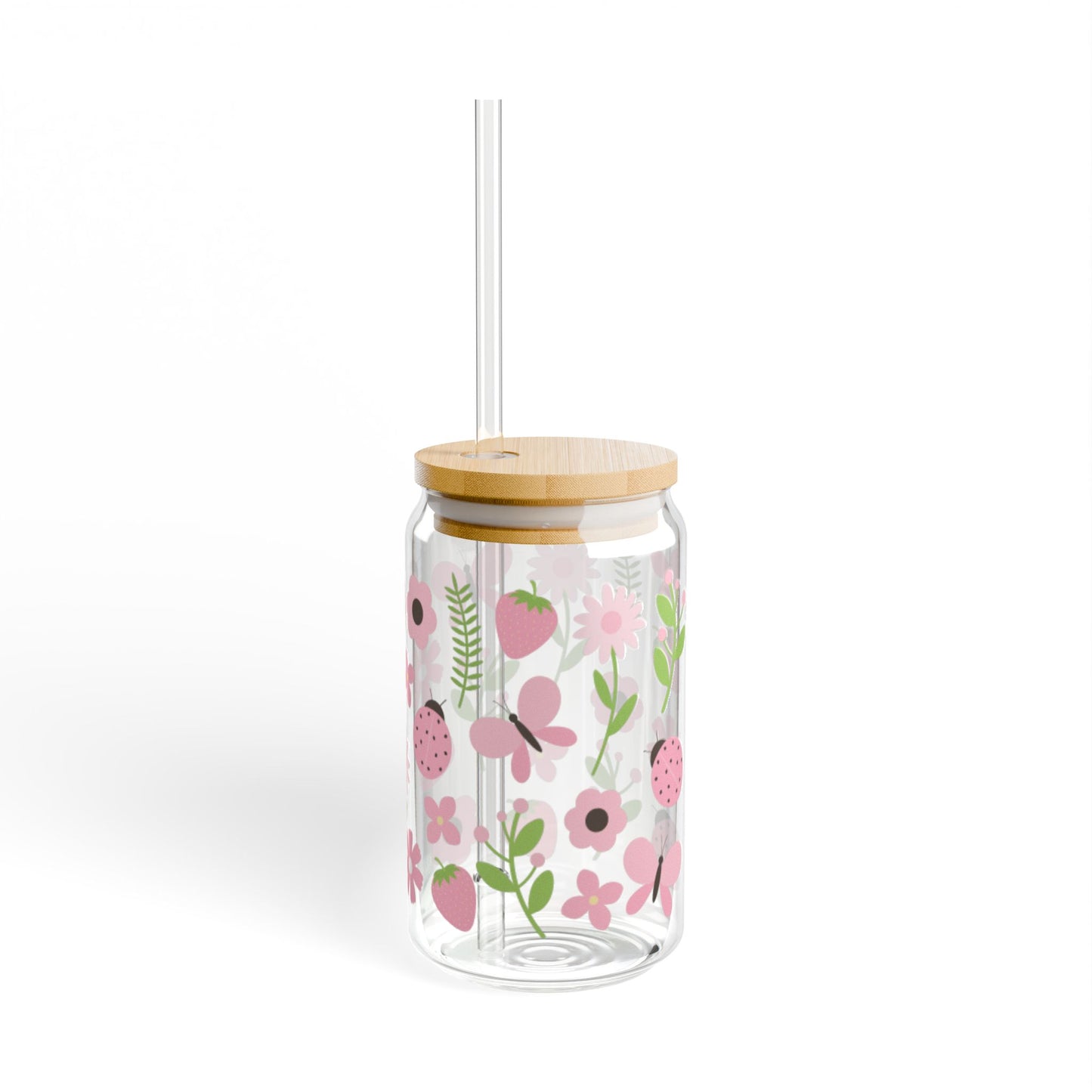 🍓🌸 Strawberry Ladybug Sipper Glass – 16oz Sweet Garden Charm in Every Sip 💕🌿