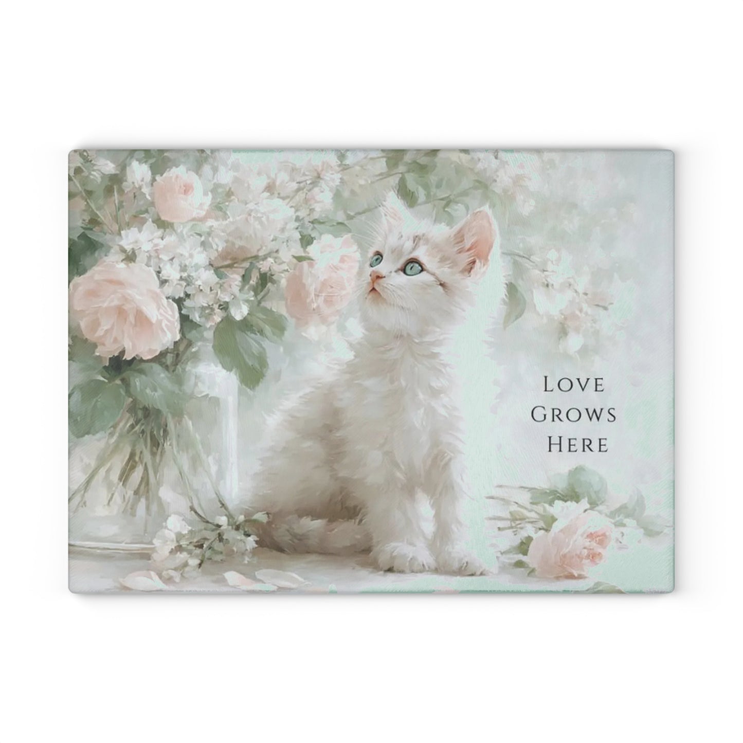 🐱🌸 “Love Grows Here” Glass Cutting Board – Soft Cottage Floral Charm