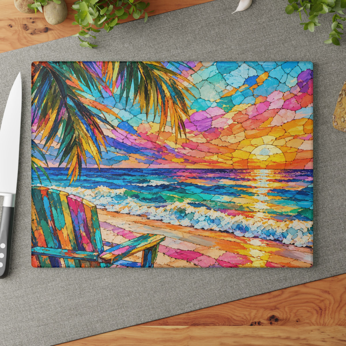 Colorful Tropical Sunset Stained-Glass-Look Glass Cutting Board – Beach Ocean Kitchen Decor