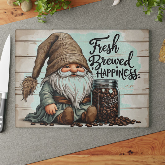 ☕🧙 Fresh Brewed Happiness Cutting Board – Rustic Coffee Gnome Kitchen Décor with Beans & Charm 🌿✨