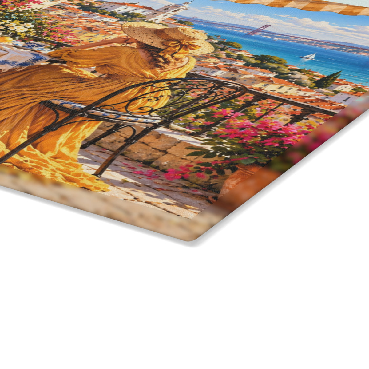 Lisbon Portugal Coastal Terrace – Tempered Glass Cutting Board – European Seaside Art