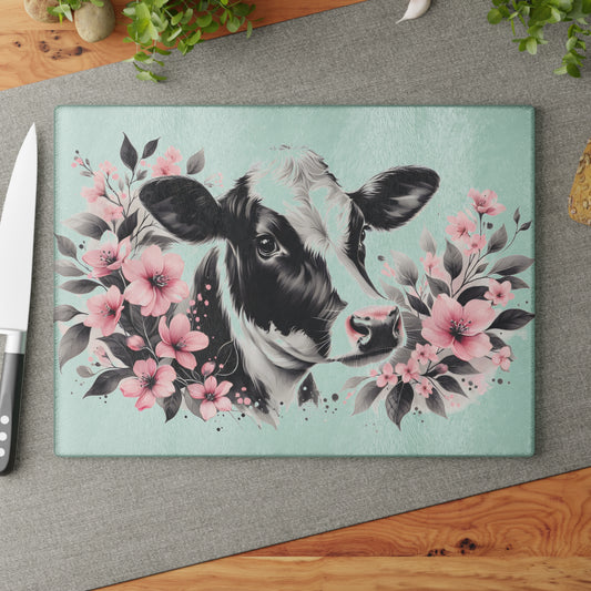 🐄 Blush Bloom Cow Cutting Board – Elegant Simplicity with a Touch of Rustic Romance