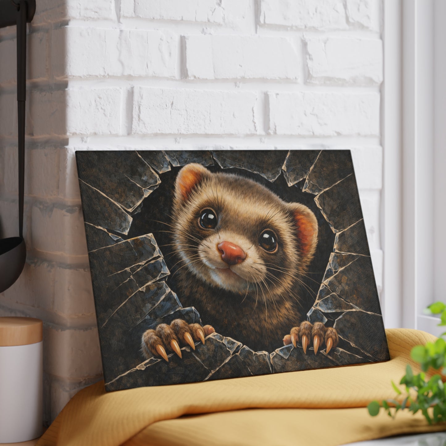 Ferret Breaking Through Wall Glass Cutting Board – Playful Wildlife Peek Artwork
