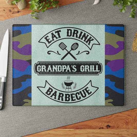 🔥 COMER BEBER BARBACOA A LA PARRILLA DEL ABUELO – Tabla de cortar de vidrio con diseño de camuflaje para los reyes del patio trasero 🧢🍔
