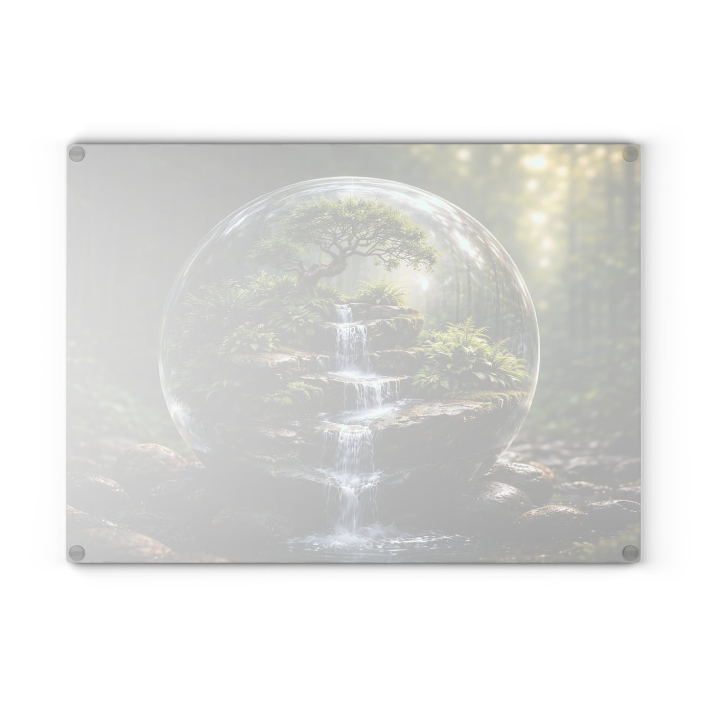 Enchanted Forest Waterfall Terrarium Glass Cutting Board – Nature-Inspired Zen Kitchen Art