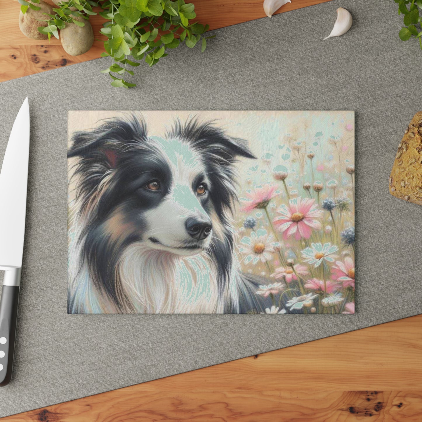 🌼 Border Collie in Bloom Cutting Board – Graceful Elegance for Dog-Loving Homes
