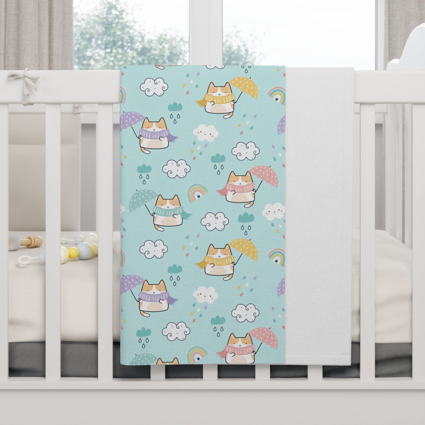 Rainy Day Kitties Baby Blanket – Ultra-Soft Fleece 30″×40″ | Pastel Cats, Umbrellas & Rainbows