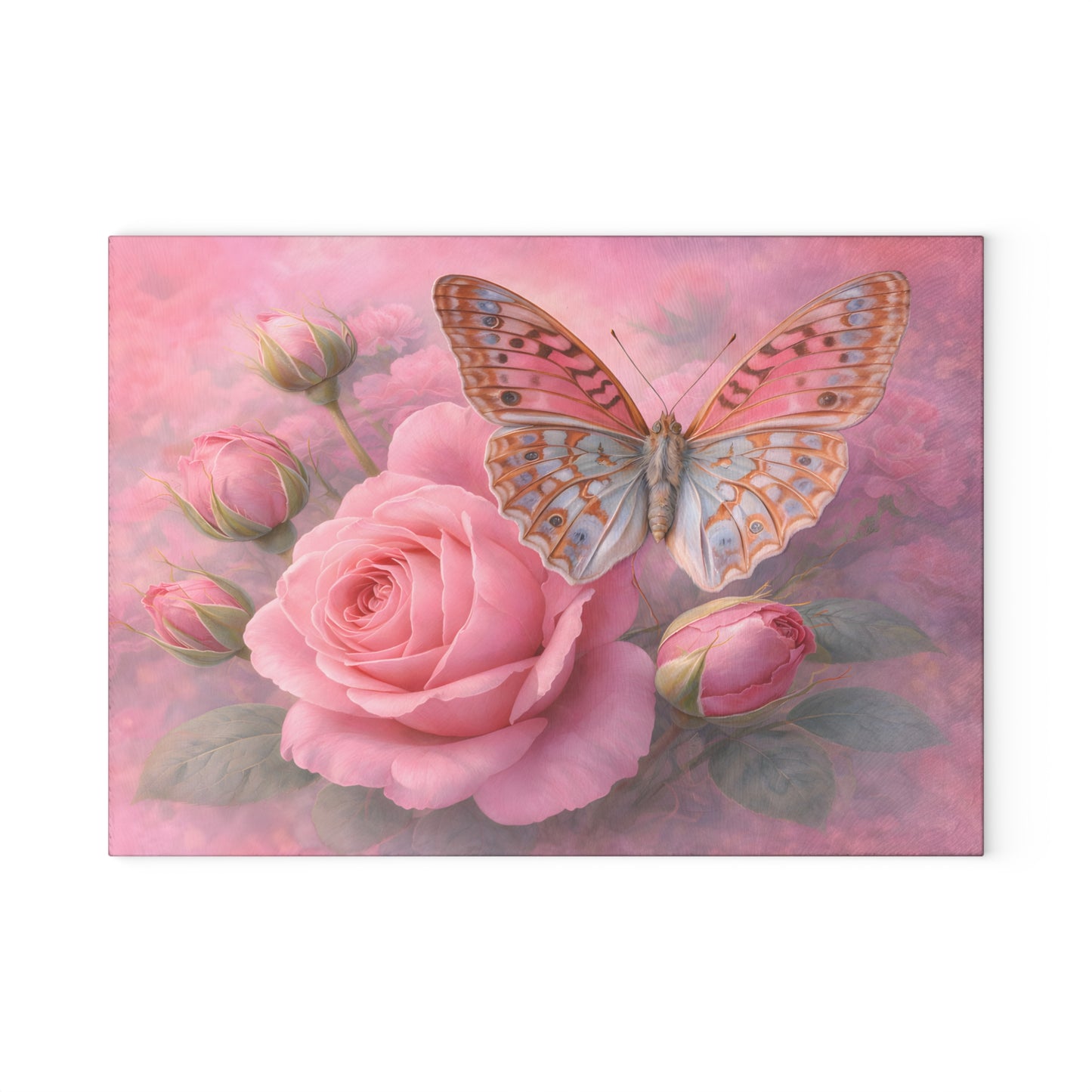Pink Rose & Butterfly Glass Cutting Board – Romantic Floral Butterfly Kitchen Art