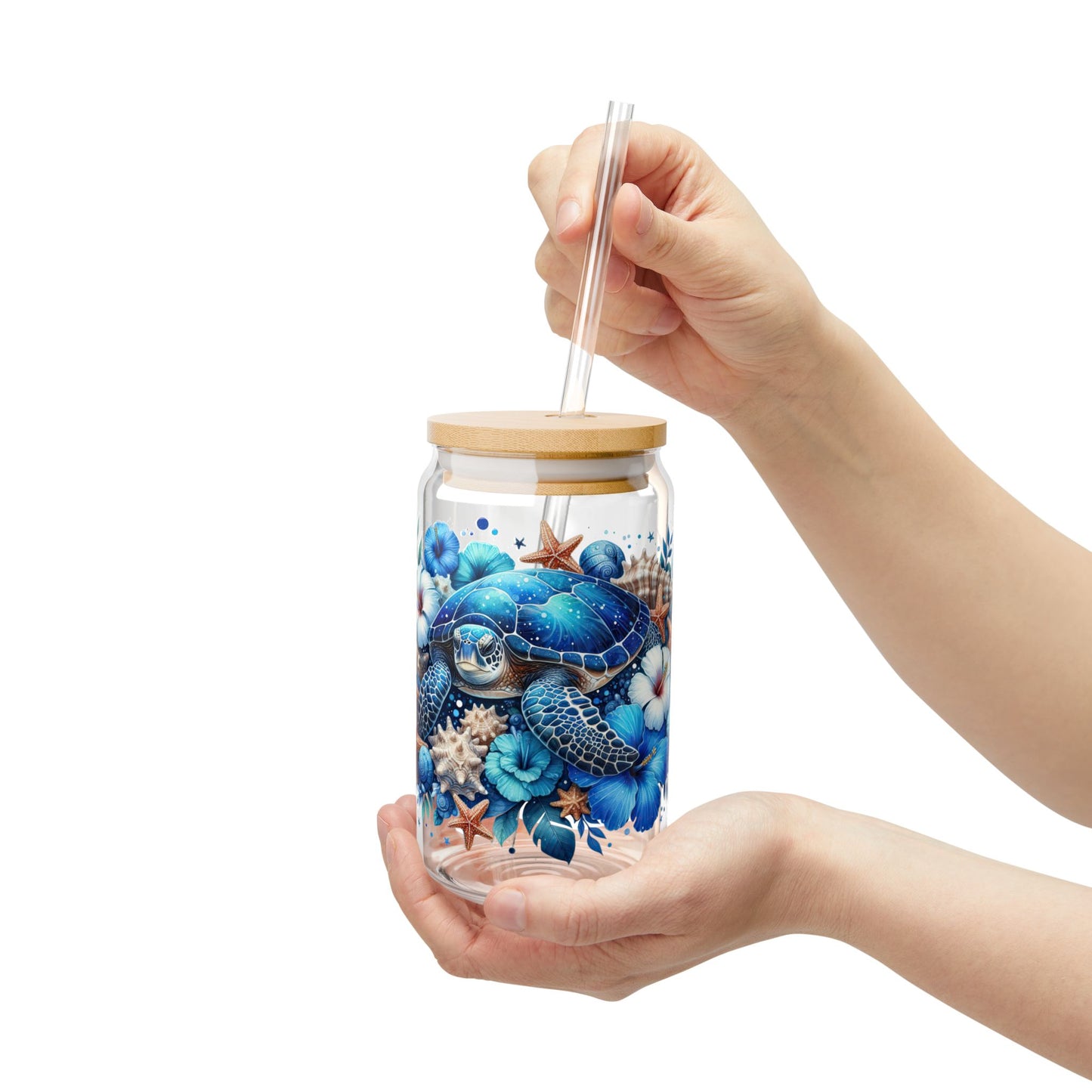 Vaso para beber con forma de tortuga marina azul y estrella de mar – 16 oz Ocean Vibes con tapa de bambú y pajita 🌊