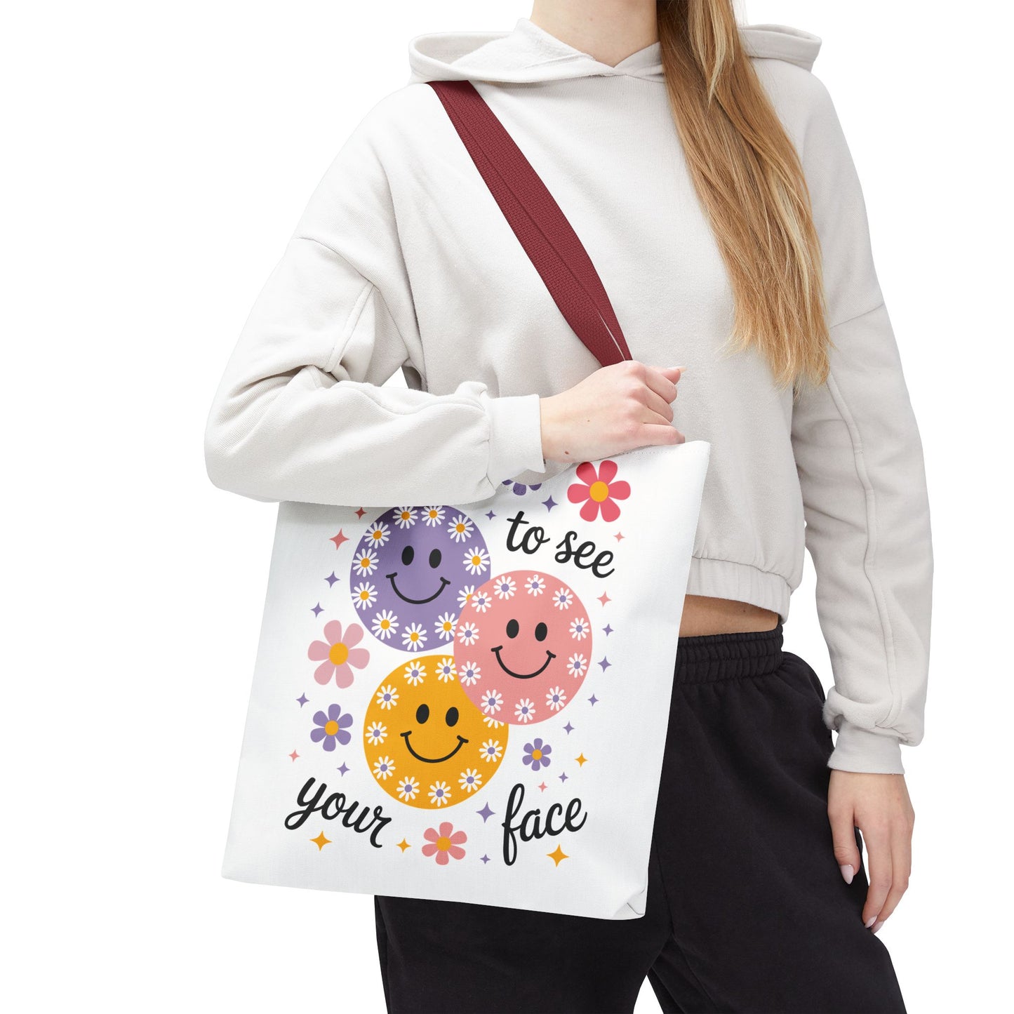 🌼 Happy Face Daisy Tote Bag – Retro Smiles with Floral Charm 🌸