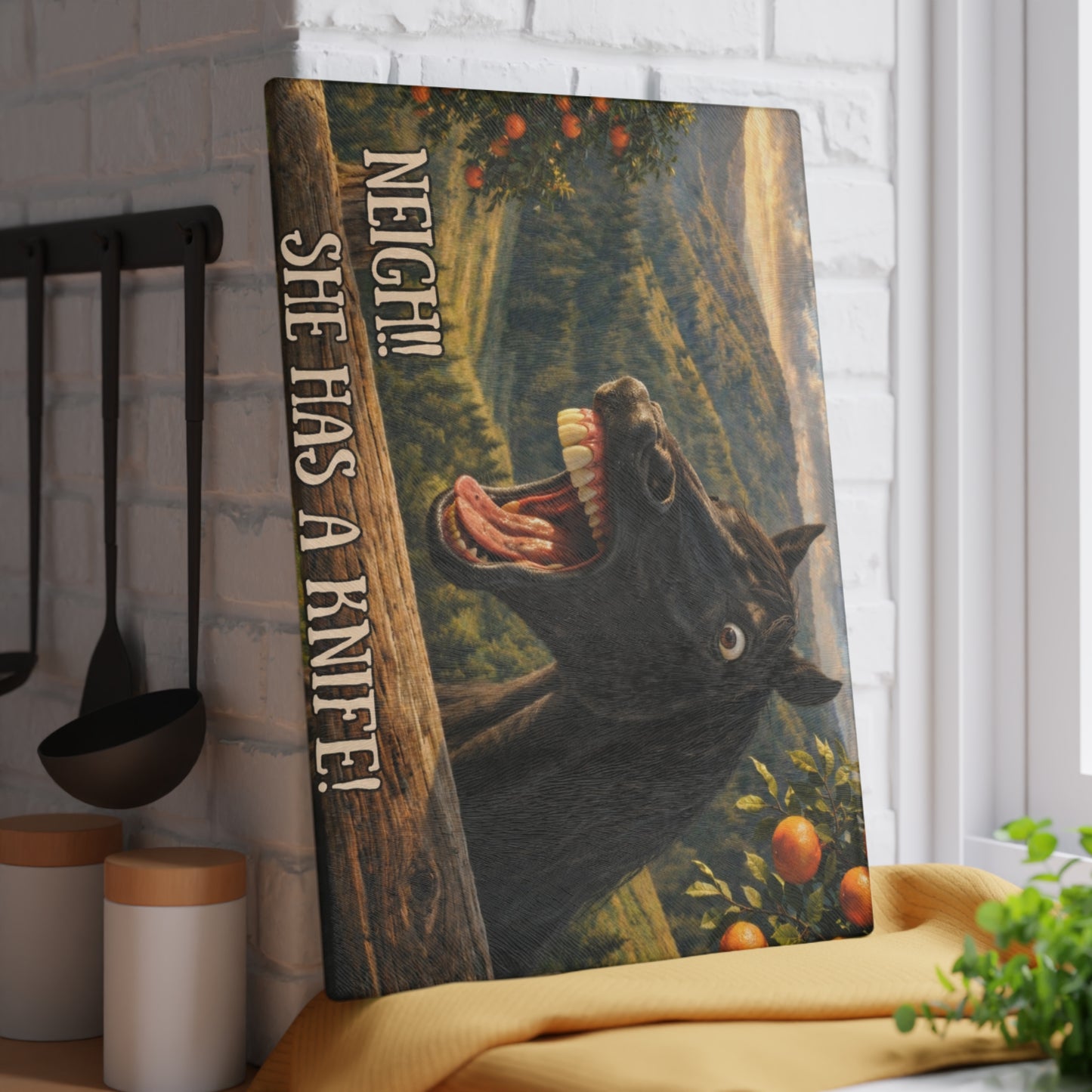 Funny Horse Neigh She Has a Knife Glass Cutting Board – Humorous Farmhouse Horse Lover Kitchen Decor