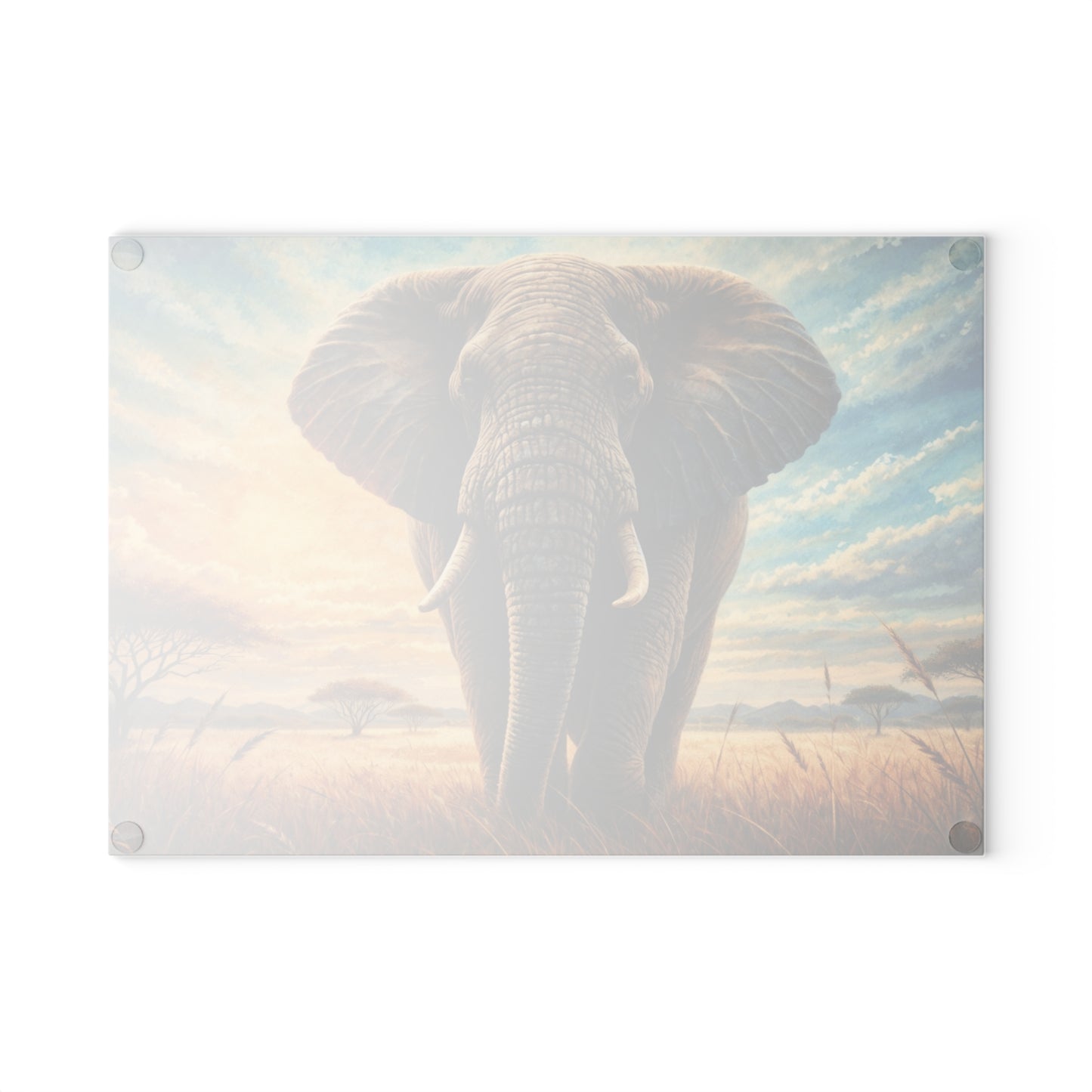 Savanna Guardian Elephant Glass Cutting Board – Dramatic Wildlife Sunset Kitchen Art