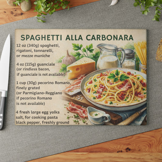 Spaghetti alla Carbonara Recipe Glass Cutting Board – Classic Italian Kitchen Artwork
