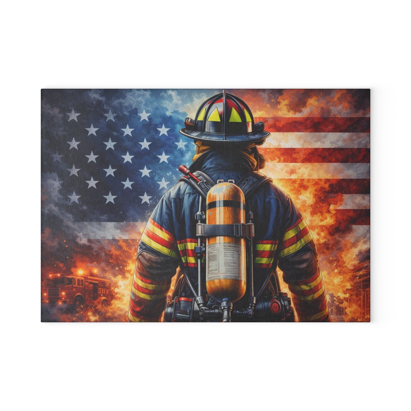 American Firefighter Tribute Glass Cutting Board – Patriotic Hero Kitchen Art