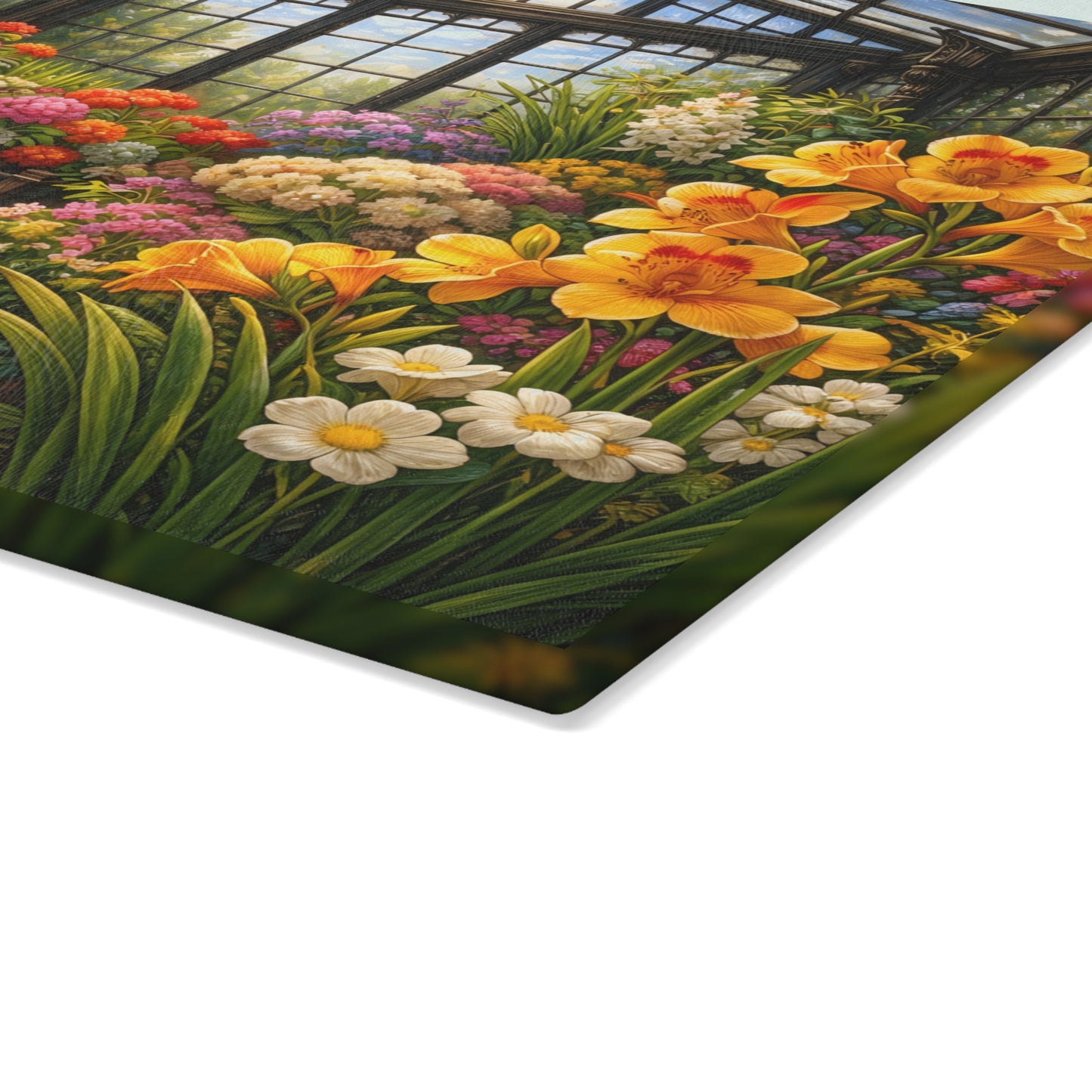 Sunlit Garden Conservatory Glass Cutting Board – Floral Greenhouse Kitchen Décor