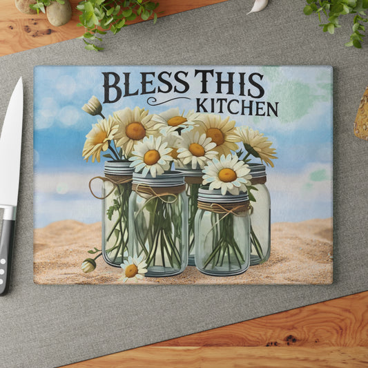 Tabla de cortar de vidrio, Bendice esta cocina, decoración de playa, cocina costera, cocina de granja, tabla de charcutería, tabla de cortar personalizada, flores