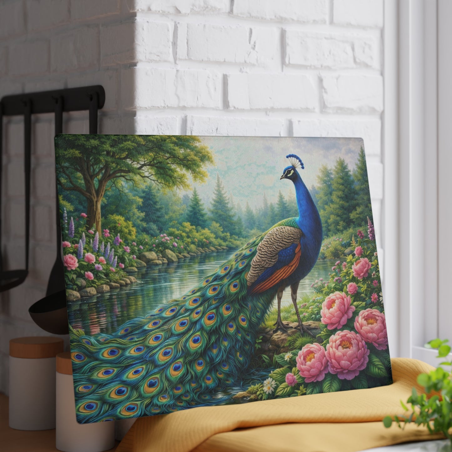 Teal Peacock Garden Glass Cutting Board – Elegant Floral Nature Art Kitchen Display