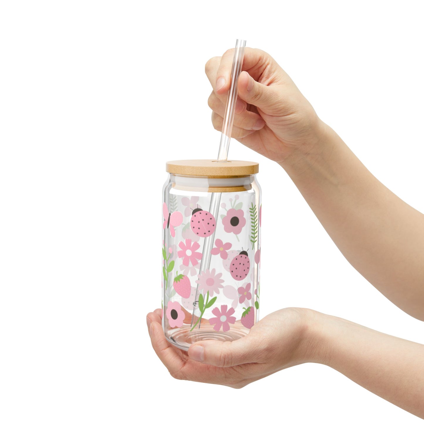 🍓🌸 Strawberry Ladybug Sipper Glass – 16oz Sweet Garden Charm in Every Sip 💕🌿