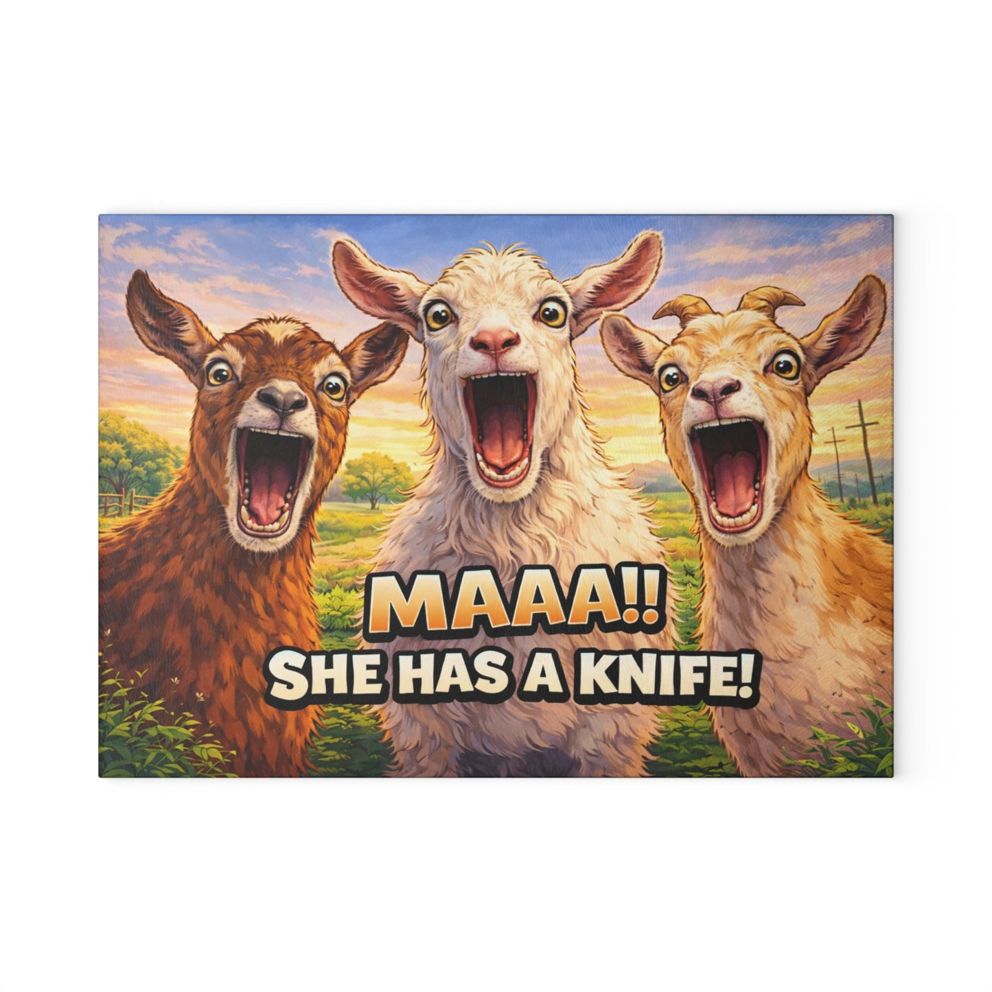 Maaa! She Has a Knife Glass Cutting Board – Funny Goat Farm Kitchen Art Display