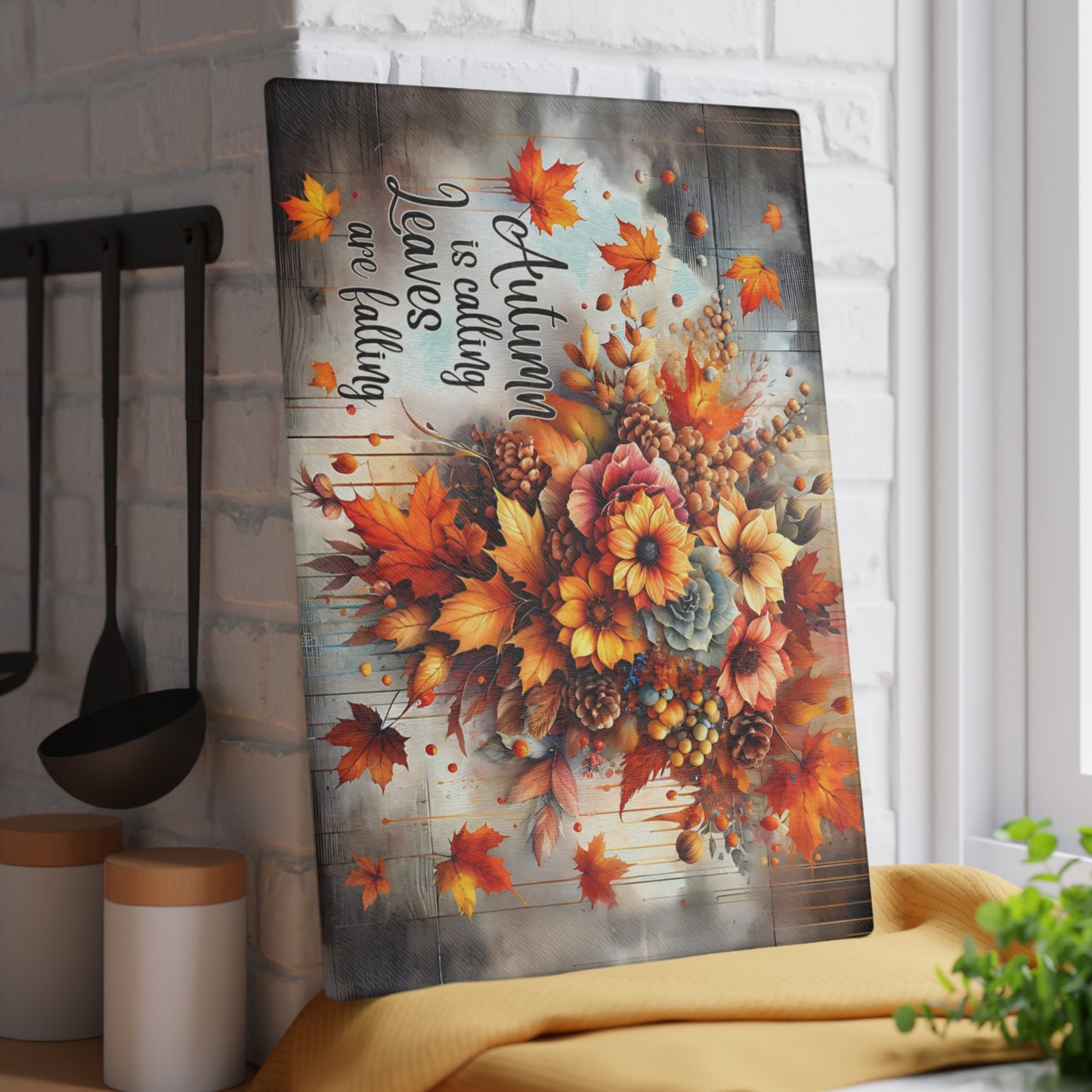🍂✨ “Autumn Is Calling” Glass Cutting Board – Cozy Fall Kitchen Accent