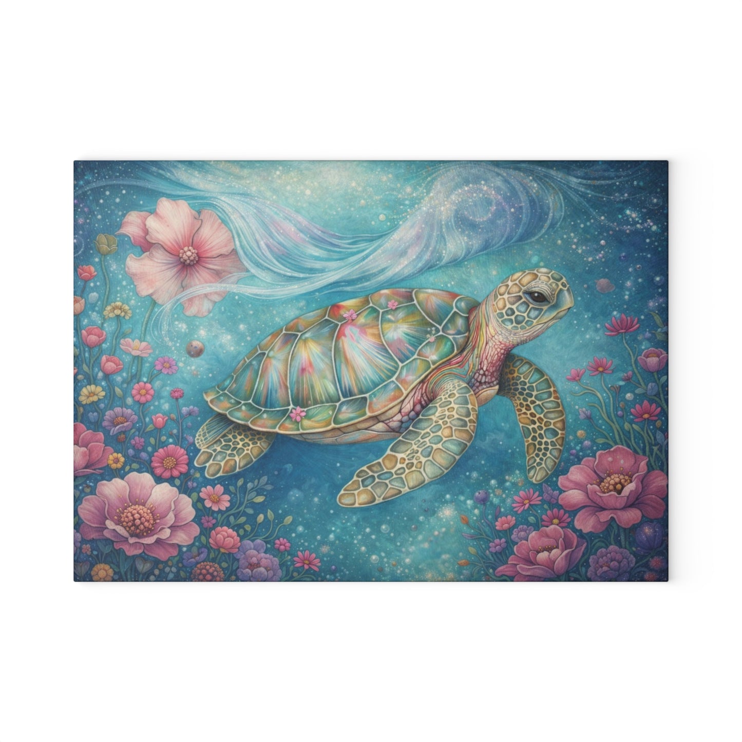 Floral Sea Turtle Glass Cutting Board – Dreamy Ocean Garden with Soft Pastel Blooms
