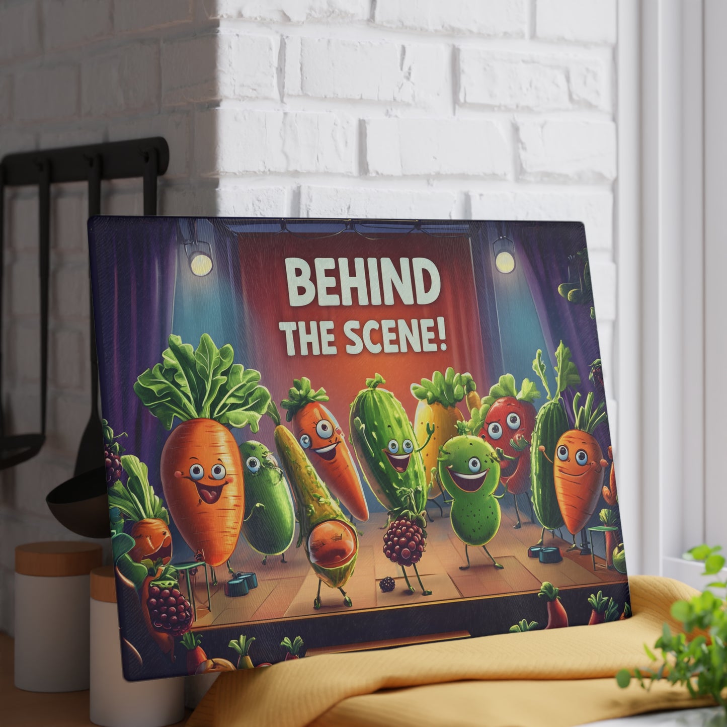 Tabla de cortar de vidrio "¡Detrás de escena!" - Decoración de cocina cómica con verduras danzantes 🌟🍅