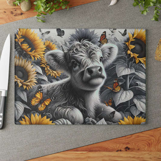 🐮 Black & White Calf with Sunflowers & Butterflies Cutting Board – Rustic Farmhouse Beauty in Glass