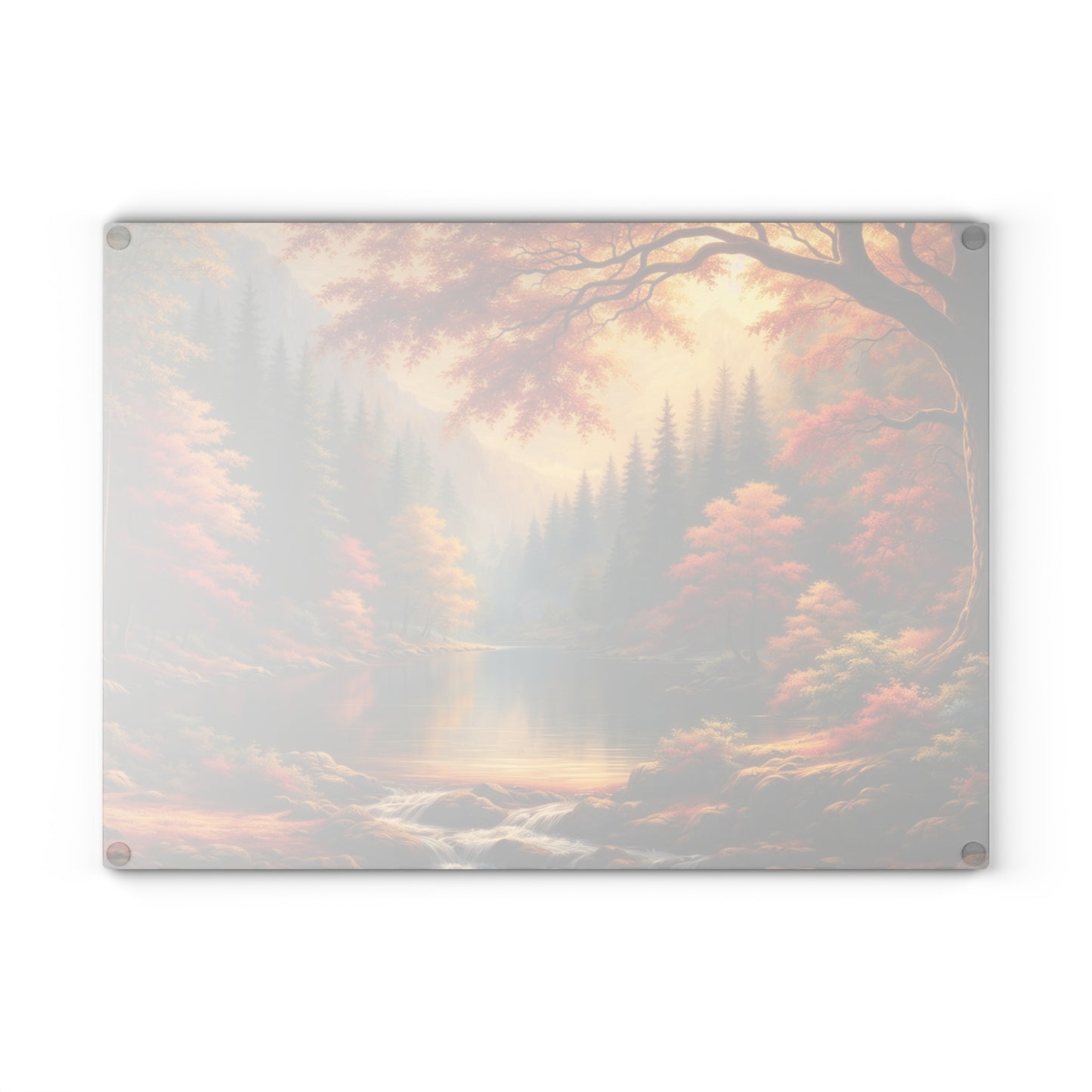 Autumn Forest Lake Glass Cutting Board – Warm Fall Landscape Kitchen Art