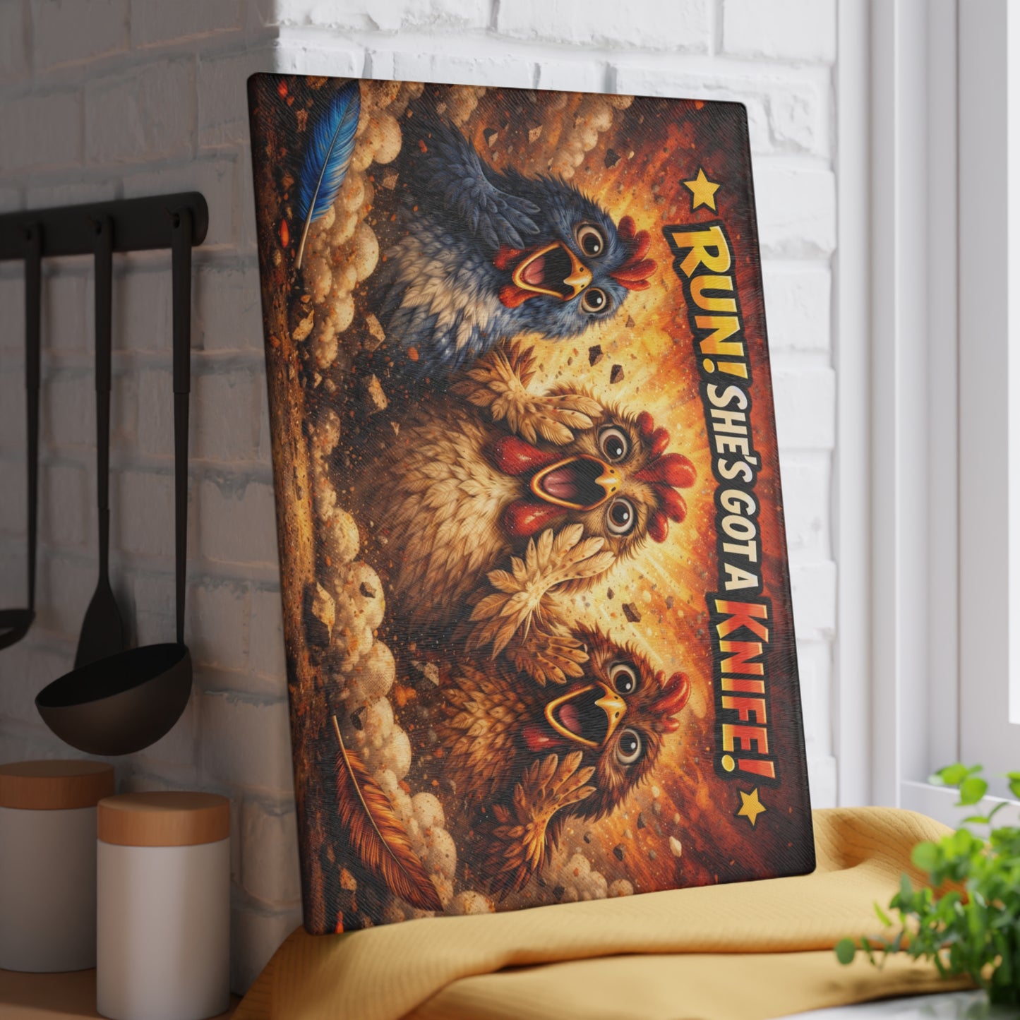 RUN! She’s Got a Knife Glass Cutting Board – Explosive Farmhouse Chicken