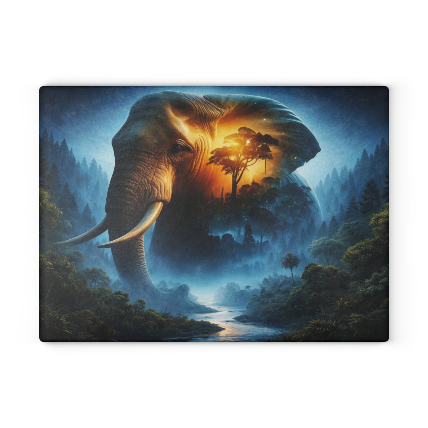 Cosmic Elephant Spirit Forest Glass Cutting Board – Mystical Wildlife Nature Kitchen Art