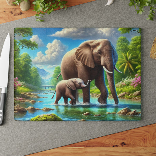 Una madre elefante y su bebé caminan por un tranquilo arroyo con una tabla de cortar de vidrio templado.