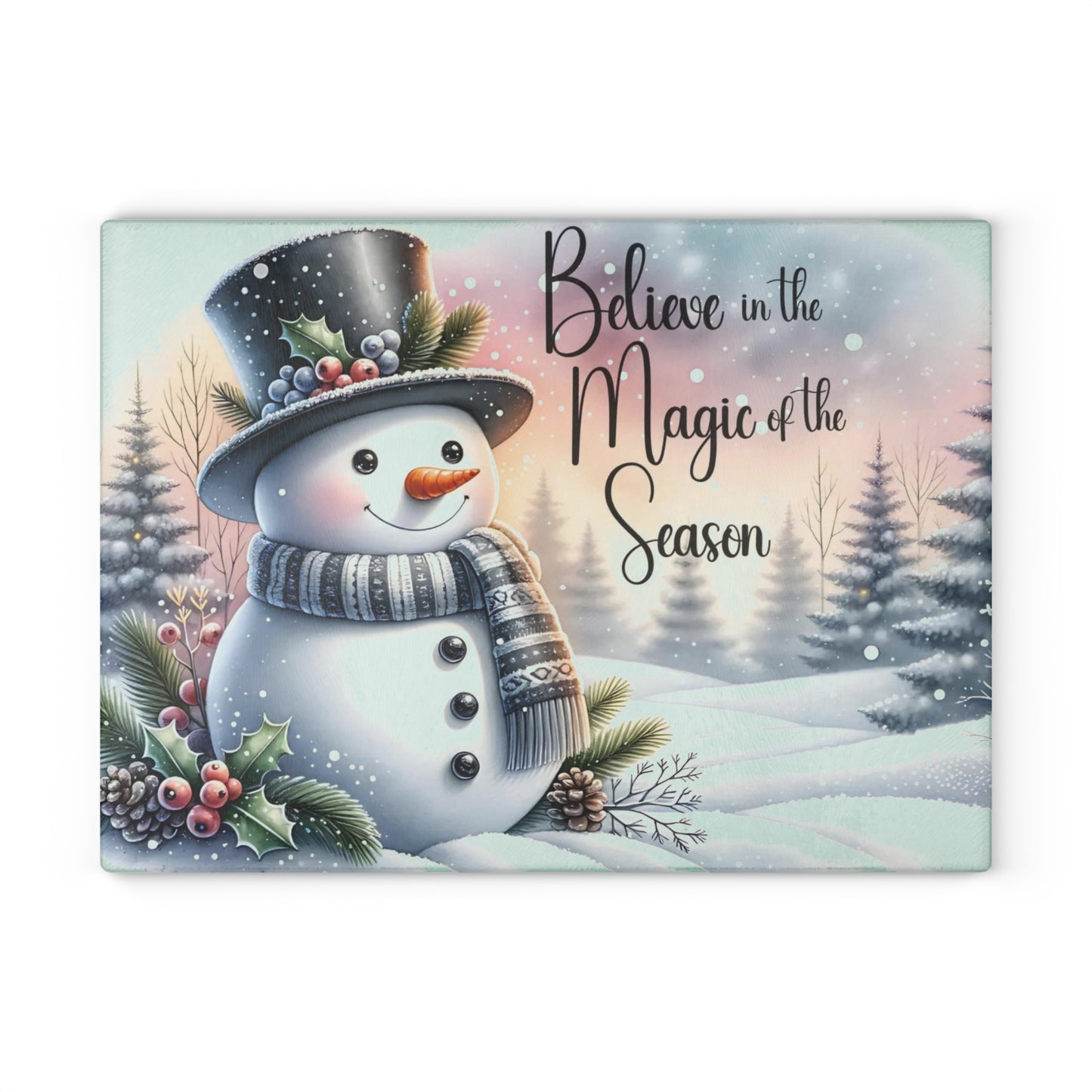 ⛄️✨ “Believe in the Magic of the Season” Glass Cutting Board – Cozy Charm for Your Kitchen